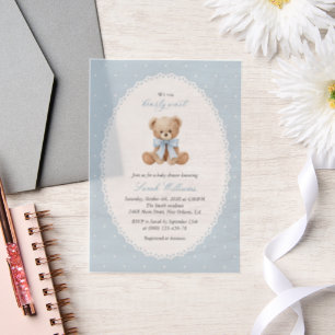 Invitations En Vélin Ours en peluche, Nœud bleu, Points bleus, Baby Sho