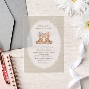 Invitations En Vélin Ours en peluche, Nœud, Points beige, Révélation du