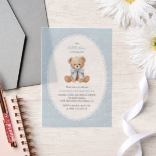 Invitations En Vélin Ours en peluche, nœud, pois bleus, premier anniver