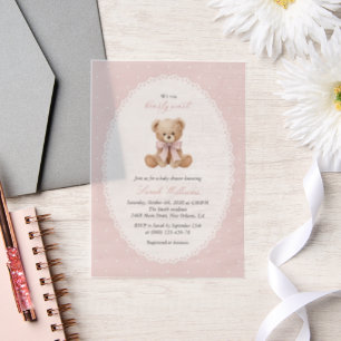 Invitations En Vélin Ours en peluche, Nœud rose, Points roses, Baby Sho
