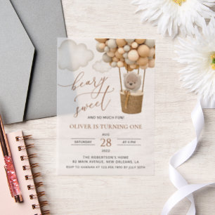 Invitations En Vélin Ours mignon, Ballons Beiges, Premier Anniversaire