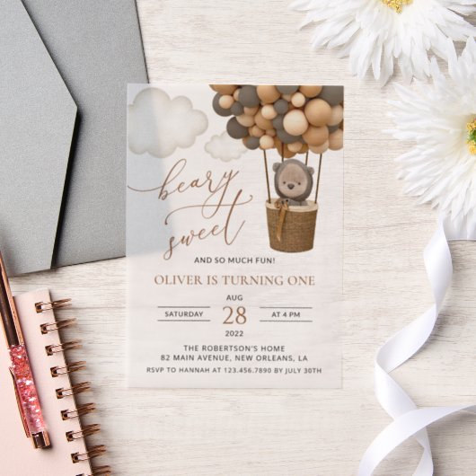 Invitations En Vélin Ours mignon, Ballons Brown, Premier anniversaire (Mariage)