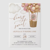 Invitations En Vélin Ours mignon, Ballons roses, Premier Anniversaire (Recto)