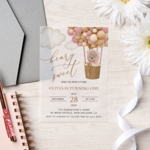 Invitations En Vélin Ours mignon, Ballons roses, Premier Anniversaire