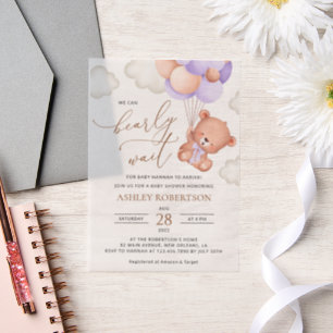 Invitations En Vélin Ours, Ours mignon, Ballons pourpres, Baby shower