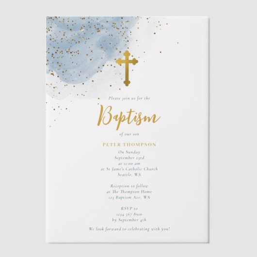 Invitations En Vélin Parties scintillant d'aquarelle bleu Croix d'or Ba (Recto)