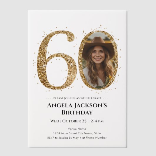 Invitations En Vélin Parties scintillant d'or 60e photo d'anniversaire (Recto)