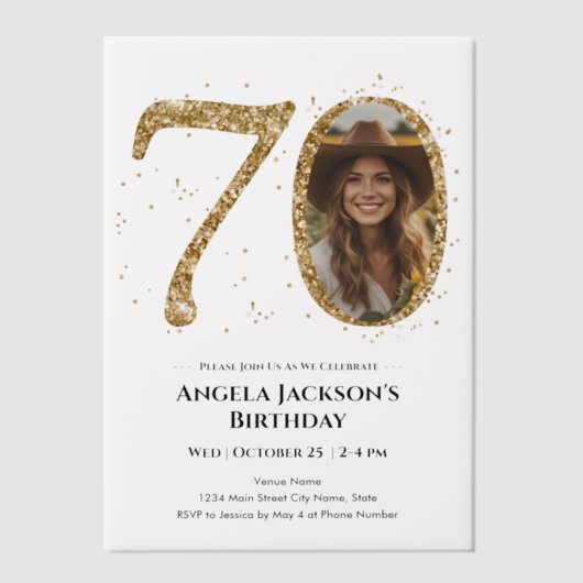 Invitations En Vélin Parties scintillant d'or 70e photo d'anniversaire  (Recto)