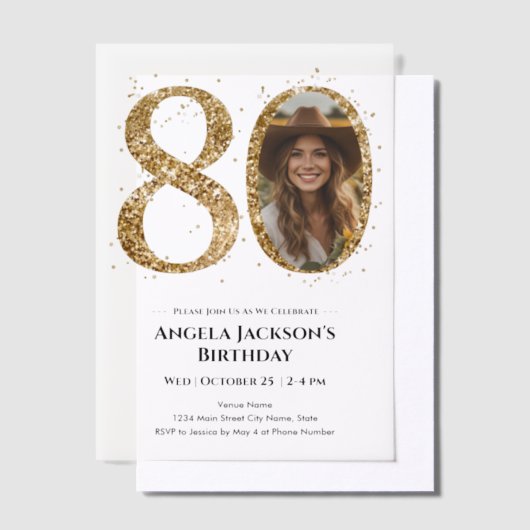 Invitations En Vélin Parties scintillant d'or 80e photo d'anniversaire (Compenser)