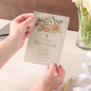 Invitations En Vélin Peach Crème Aquarelle Floral Gold Cross Baptême