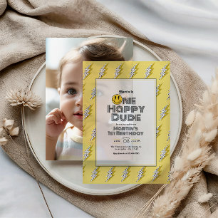 Invitations En Vélin Photo de 1er anniversaire Retro Lightning One Happ