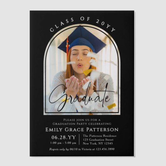 Invitations En Vélin Photo Modern Arch Graduate Script Graduate Party (Recto)