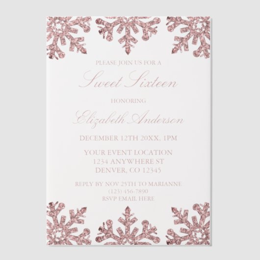 Invitations En Vélin Pink Rose Gold Snowflake Winter Sweet 16 (Recto)