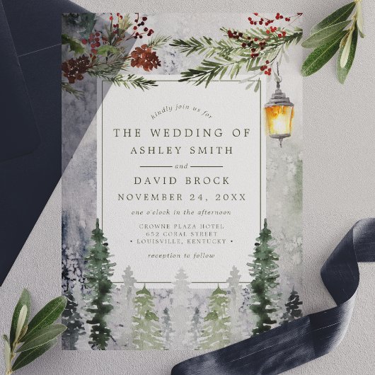 Invitations En Vélin Pins d'hiver rustique Mariage de lanterne botaniqu