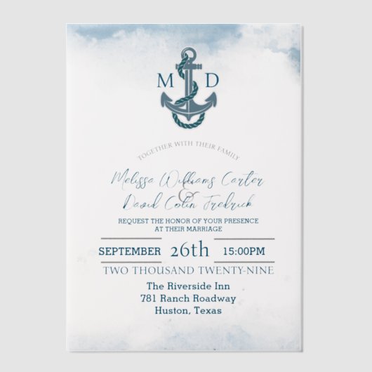 Invitations En Vélin Plage côtière Ancre de plage Mariage nautique (Recto)