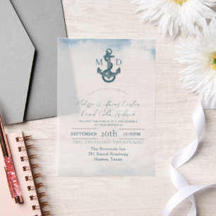 Invitations En Vélin Plage Côtière Bord de Mer Ancre Nautique Mariage
