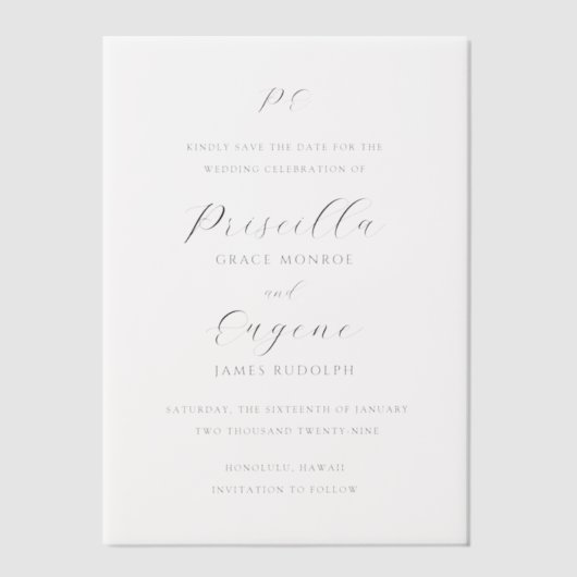 Invitations En Vélin Priscilla Mariage classique Enregistrer la date (Recto)