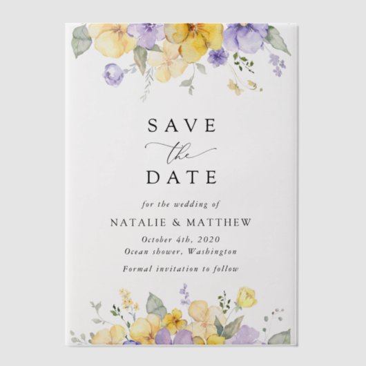 Invitations En Vélin Purple Flowers, Yellow Flowers, Boho Save The Date (Recto)