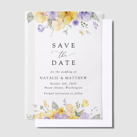 Invitations En Vélin Purple Flowers, Yellow Flowers, Boho Save The Date (Compenser)