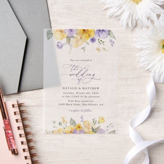 Invitations En Vélin Purple Flowers, Yellow Flowers, Greenery, Wedding (Mariage)