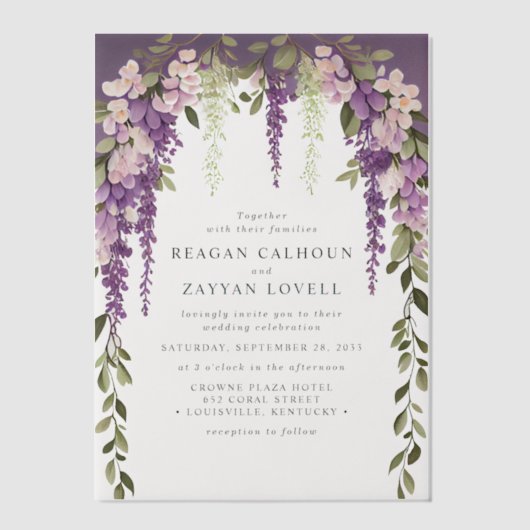 Invitations En Vélin Purple Wisteria Fleurs verdure Mariage moderne (Recto)