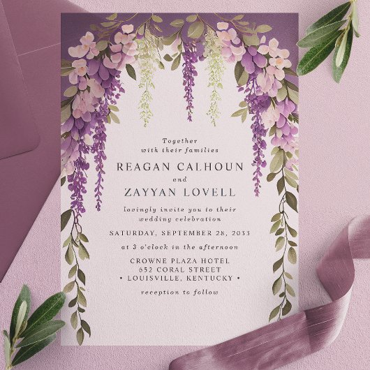 Invitations En Vélin Purple Wisteria Fleurs verdure Mariage moderne