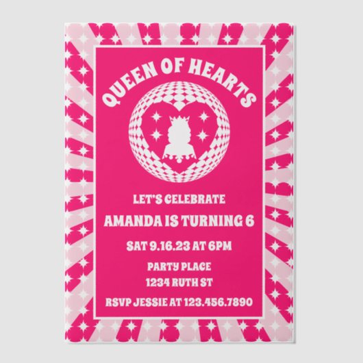 Invitations En Vélin Retro Reine des Coeurs Rose fête d'anniversaire (Recto)