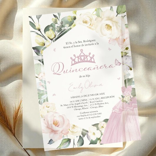 Invitations En Vélin Robe rose Boho Cadre Floral Quinceañera espagnol
