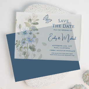 Invitations En Vélin Romantique Dusty Blue Floral Enregistrer la date M