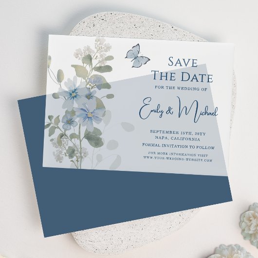 Invitations En Vélin Romantique Dusty Blue Floral Enregistrer la date M