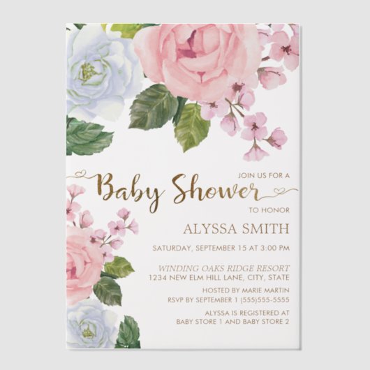 Invitations En Vélin Rose Blanc Floral Verdure bébé fille (Recto)