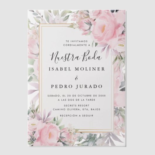 Invitations En Vélin Rose Blush Floral Nuestra Boda Mariage espagnol (Recto)