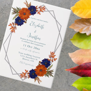 Invitations En Vélin Rustique Automne Orange Navy Bleu Floral Fiançaill