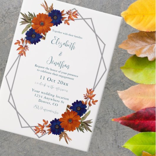 Invitations En Vélin Rustique Automne Orange Navy Bleu Floral Fiançaill