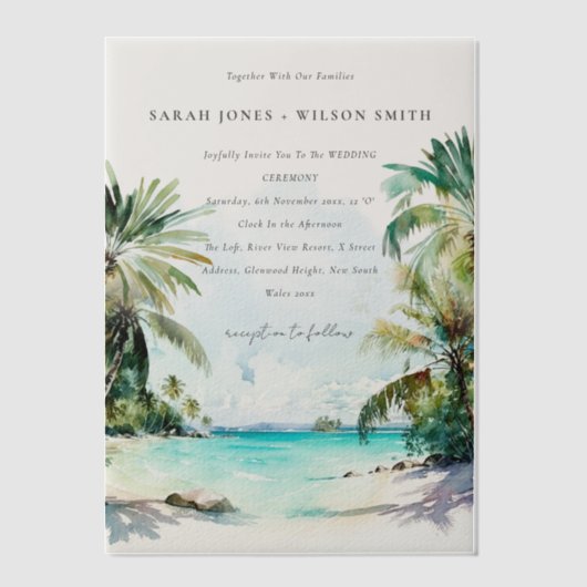Invitations En Vélin Sable Tropical Beach Aquarelle Palm Trees Mariage (Recto)
