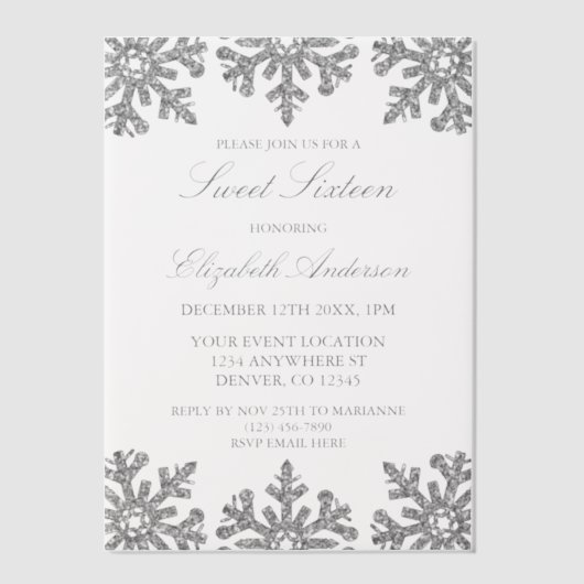 Invitations En Vélin Silver Snowflake Winter Sweet 16 (Recto)