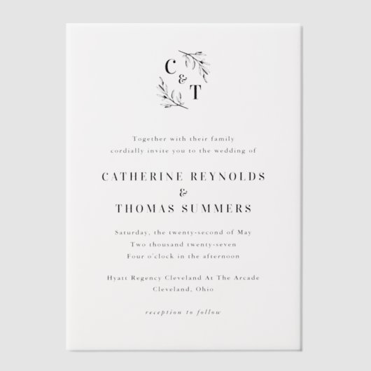 Invitations En Vélin Simple Mariage de verdure Monogramme (Recto)