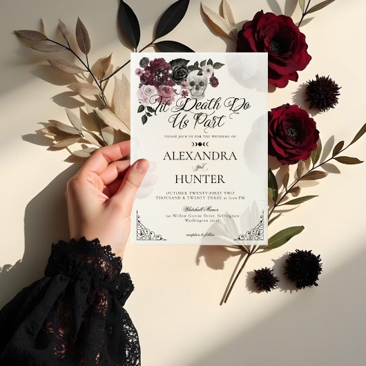 Invitations En Vélin Til Death Aquarelle Crâne Rose Mariage gothique