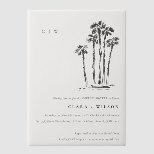 Invitations En Vélin Tropical Coastal Palm Tree Sketch Couples Douche (Recto)