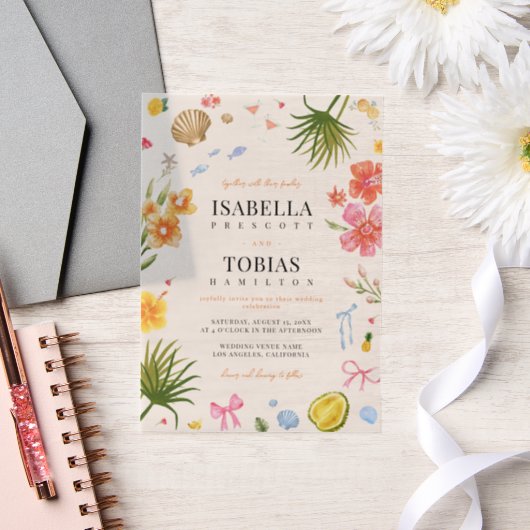 Invitations En Vélin Tropical Floral & Shell Coastal Vellum Wedding (Mariage)
