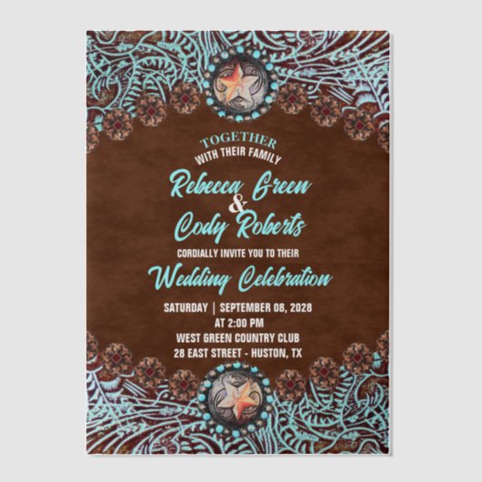 Invitations En Vélin Turquoise Marron Cow-boy Country Mariage Occidenta (Recto)