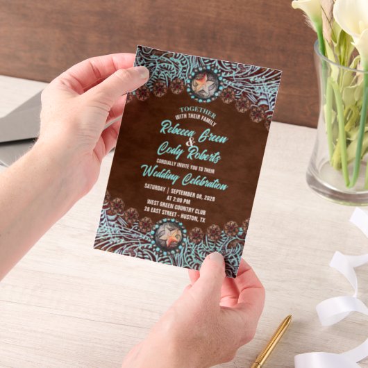 Invitations En Vélin Turquoise Marron Cow-boy Country Mariage Occidenta (Ordinateur de poche)
