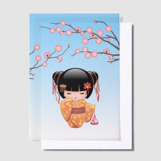 Invitations En Vélin Ume Kokeshi Poupée Japonaise Geisha Blue Insérer (Compenser)