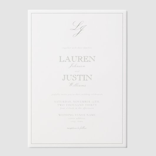 Invitations En Vélin Vellum Classic Sage Vert Monogramme Mariage (Recto)