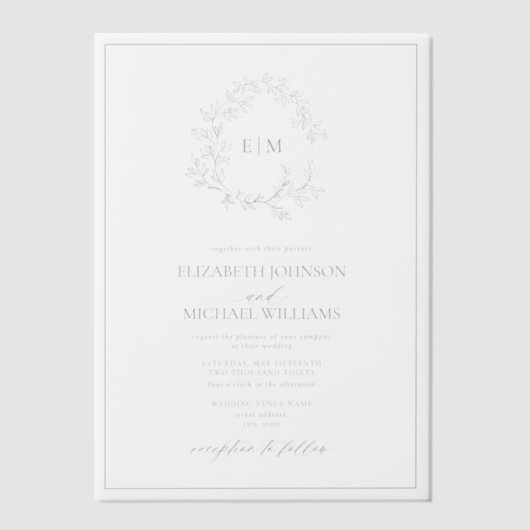 Invitations En Vélin Vellum Dusty Blue Leafy Crest Monogram Mariage (Recto)