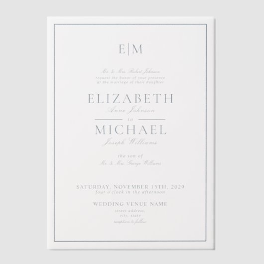 Invitations En Vélin Vellum Elegant Dusty Blue Script Monogram Mariage (Recto)