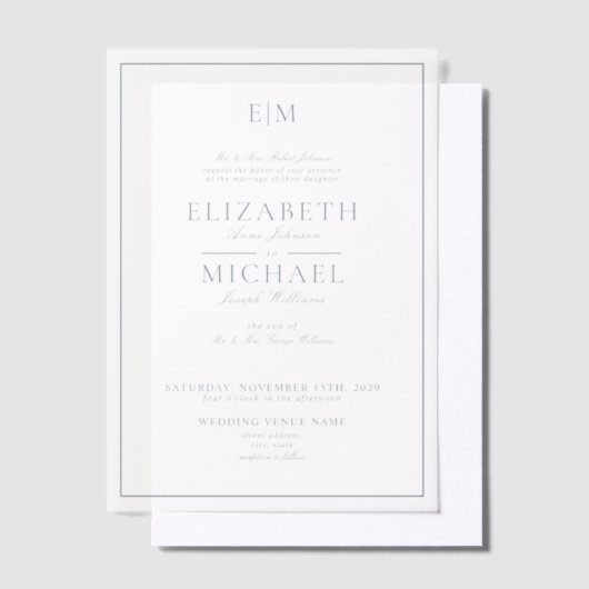 Invitations En Vélin Vellum Elegant Dusty Blue Script Monogram Mariage (Compenser)