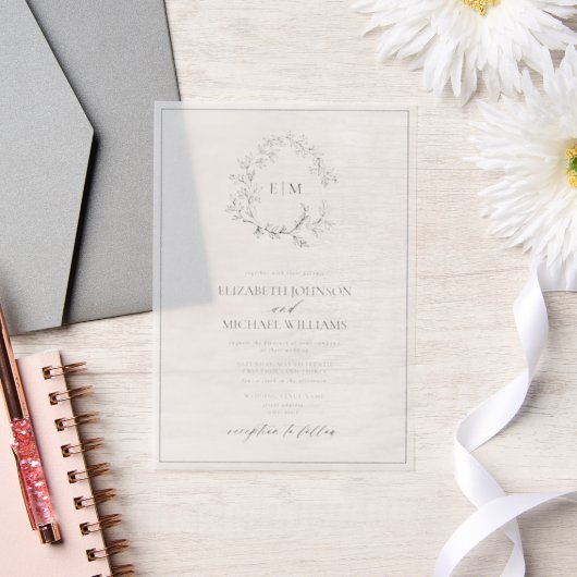Invitations En Vélin Vellum Elegant noir poitrine Mariage Monogramme (Mariage)