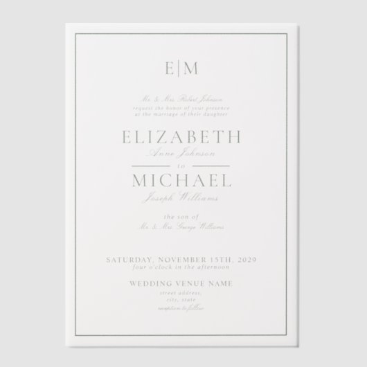 Invitations En Vélin Vellum Sage Green Classic Script Monogramme Mariag (Recto)