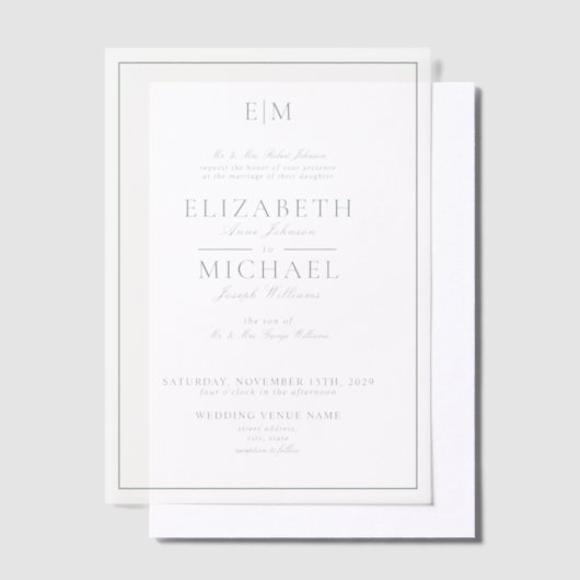 Invitations En Vélin Vellum Sage Green Classic Script Monogramme Mariag (Compenser)